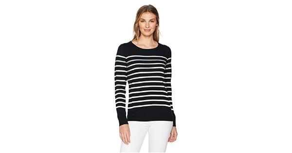 Amazon Essentials Women's Long-Sleeve Lightweight Crewneck Sweater Available in Plus Size  Black Grey White Stripe  XX-Large