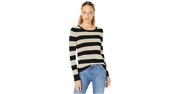 Amazon Essentials Women's Long-Sleeve Lightweight Crewneck Sweater Available in Plus Size  Black Oatmeal Heather Rugby Stripe  Small