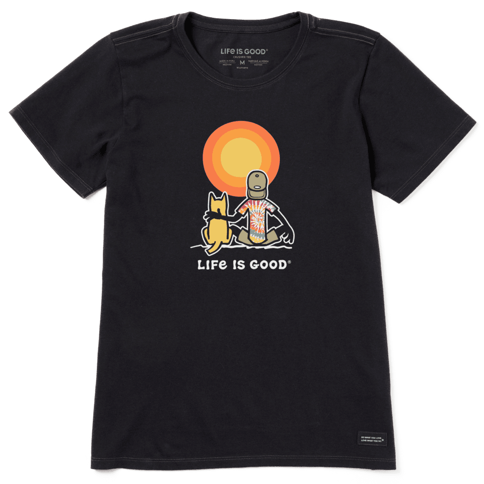 Life Is Good Women's Jake and Rocket Golden Hour Crusher Short Sleeve T-Shirt in Jet Black Size XS | 100% Cotton