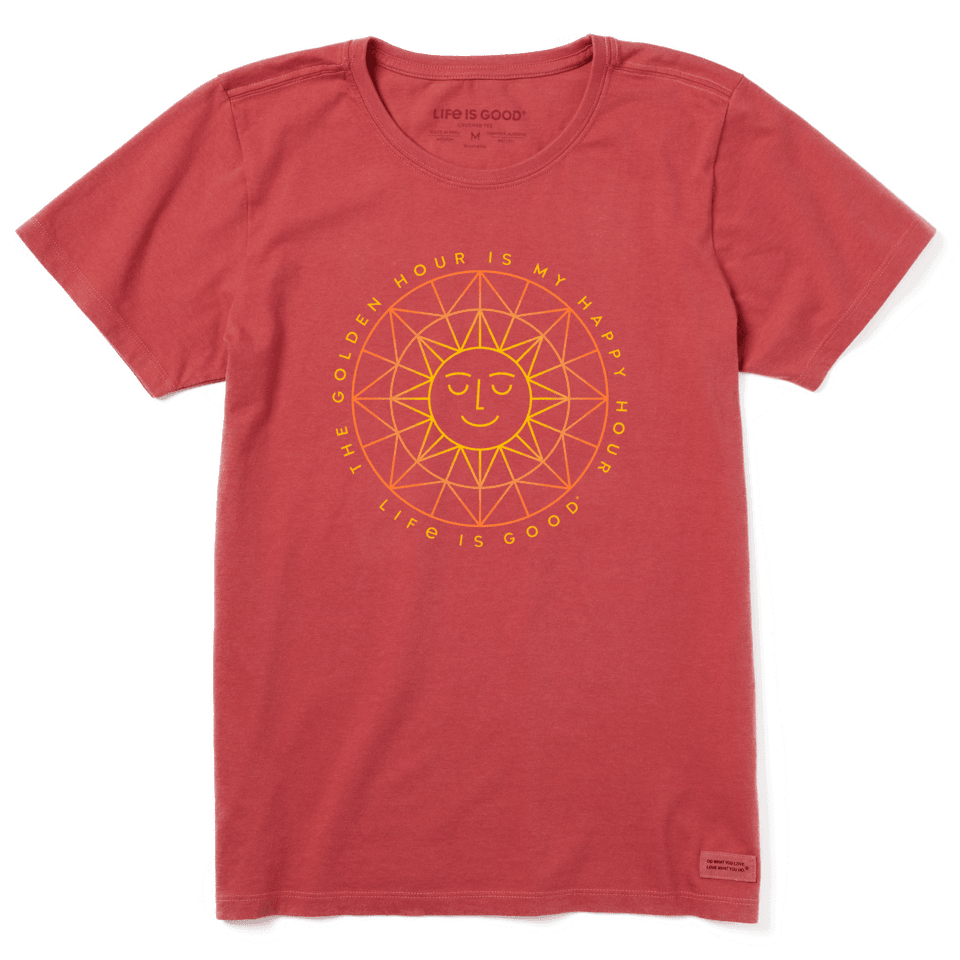 Life Is Good Women's Golden Hour Geo Sun Crusher Short Sleeve T-Shirt in Faded Red Size Small | 100% Cotton