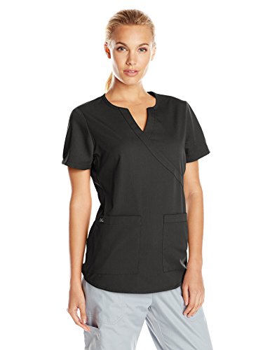 NrG by Barco Women's Junior Fit 2 Pocket Mock Wrap Panel Scrub Top, Black, Small thumbnail