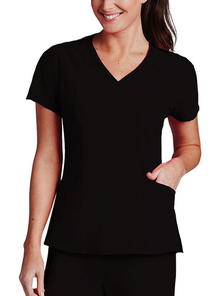 Barco One 5105 Racer 4-Pocket Womens V Neck Short Sleeve Tag Free Stretch Fabric Moisture Wicking Scrub Top, X-large, Black