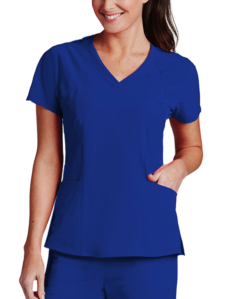 Barco One 5105 Racer 4-Pocket Womens V Neck Short Sleeve Tag Free Stretch Fabric Moisture Wicking Scrub Top, Large, Blue