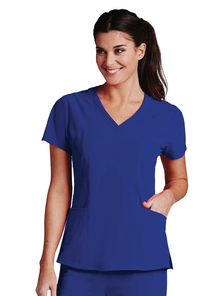 Barco One 5105 Racer 4-Pocket Womens V Neck Short Sleeve Tag Free Stretch Fabric Moisture Wicking Scrub Top, Small, Blue