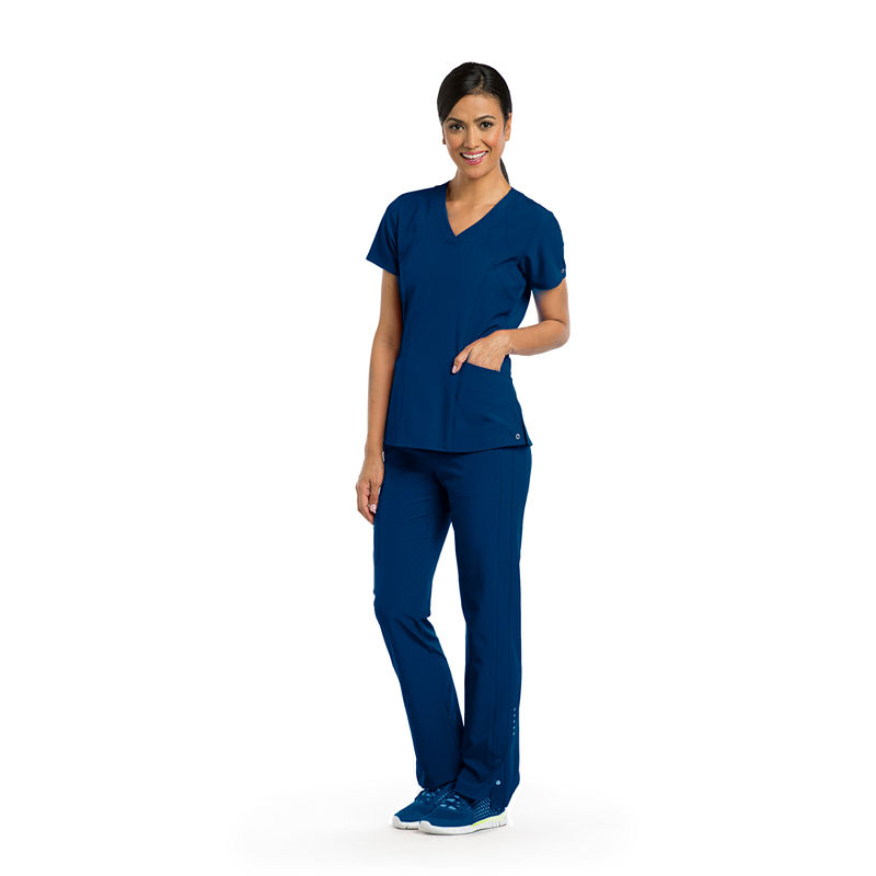 Barco One 5105 Racer 4-Pocket Womens V Neck Short Sleeve Tag Free Stretch Fabric Moisture Wicking Scrub Top, X-small, Blue