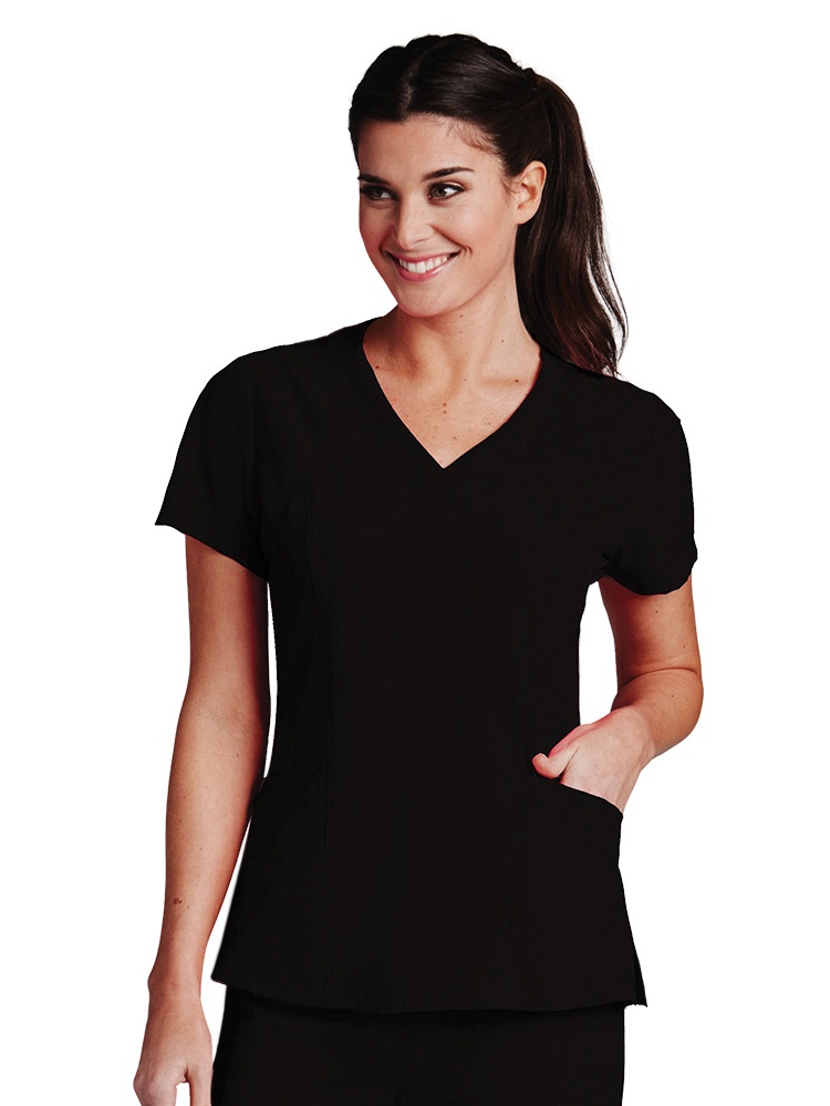 Barco One 5105 Racer 4-Pocket Womens Plus Tall V Neck Short Sleeve Tag Free Stretch Fabric Moisture Wicking Scrub Top, 5x-large, Black