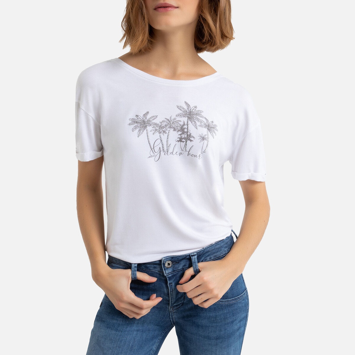 Boat Neck T-Shirt with Golden Hour Slogan Palm Print