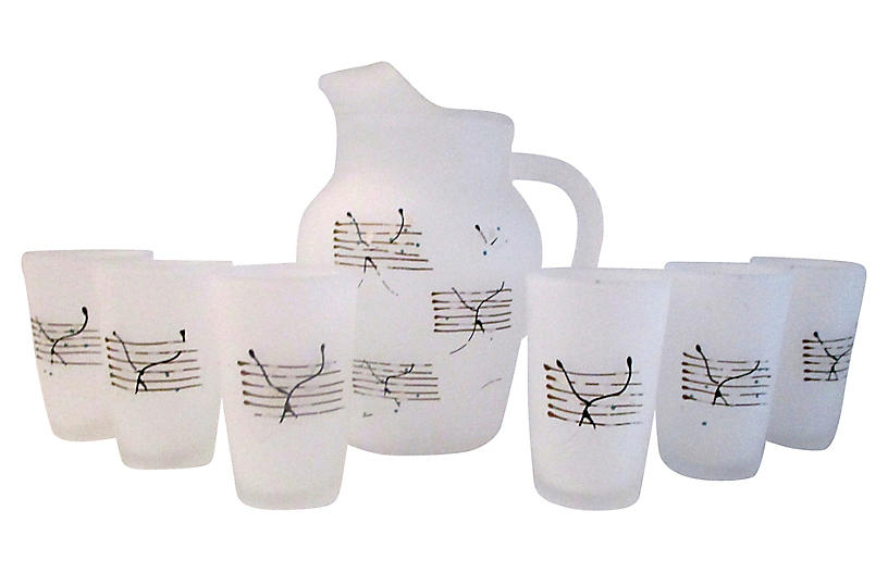 1950s Frosted Glass Juice Set - 7 Pcs - Osprey Blu