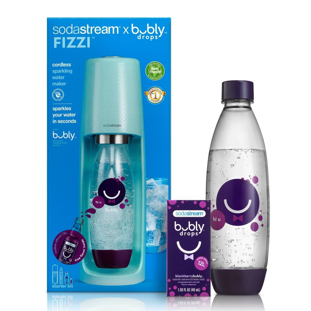 SodaStream X Bubly Fizzi Sparkling Water Maker Bundle (Icy Blue)  with CO2  BPA Free Bottles  and Bubly Drops Flavors