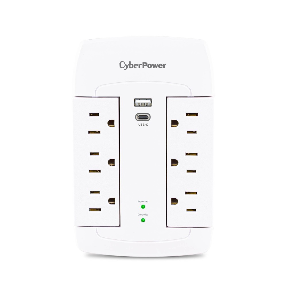 CyberPower - 6-Outlet/1-USB-a/1-USB-C 1500 Joules Wall Surge Protector - White