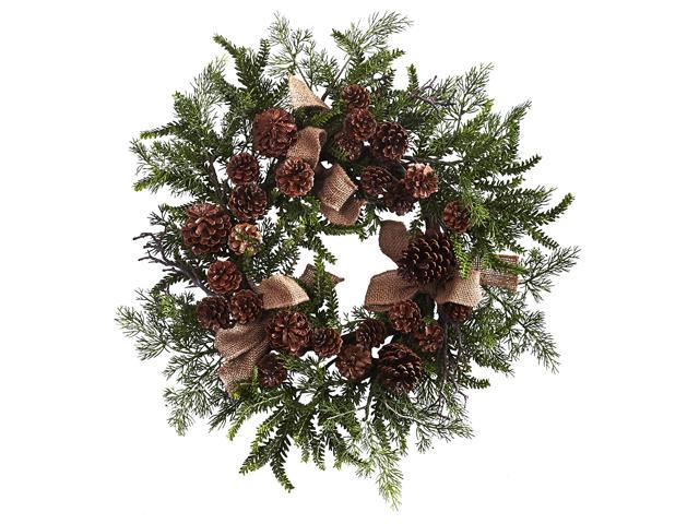 Nearly Natural 4888 Pine & Pine Cone Wreath with Burlap Bows  24    Green/Brown