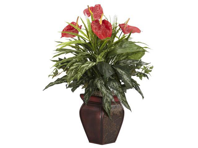 Nearly Natural 6678 Mixed Greens and Anthurium with Vase Decorative Silk Plant  Green