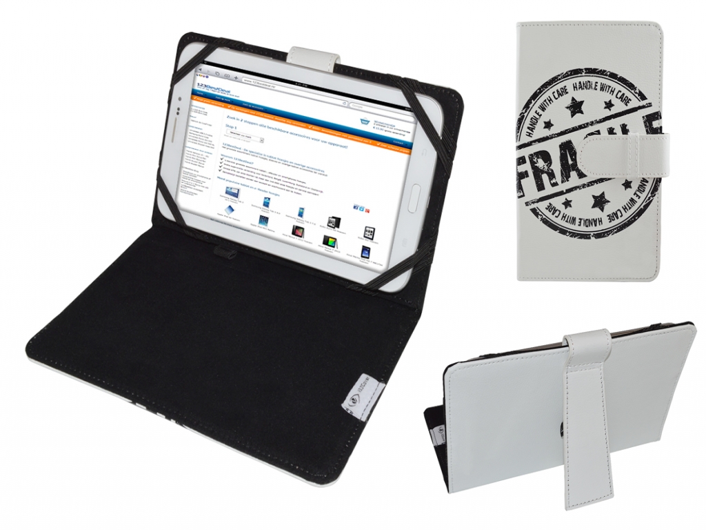 Hoes Voor Iconbit Nettab Sky Net Nt 0701s Met Fragile Print Op Cover  | Wit | Iconbit