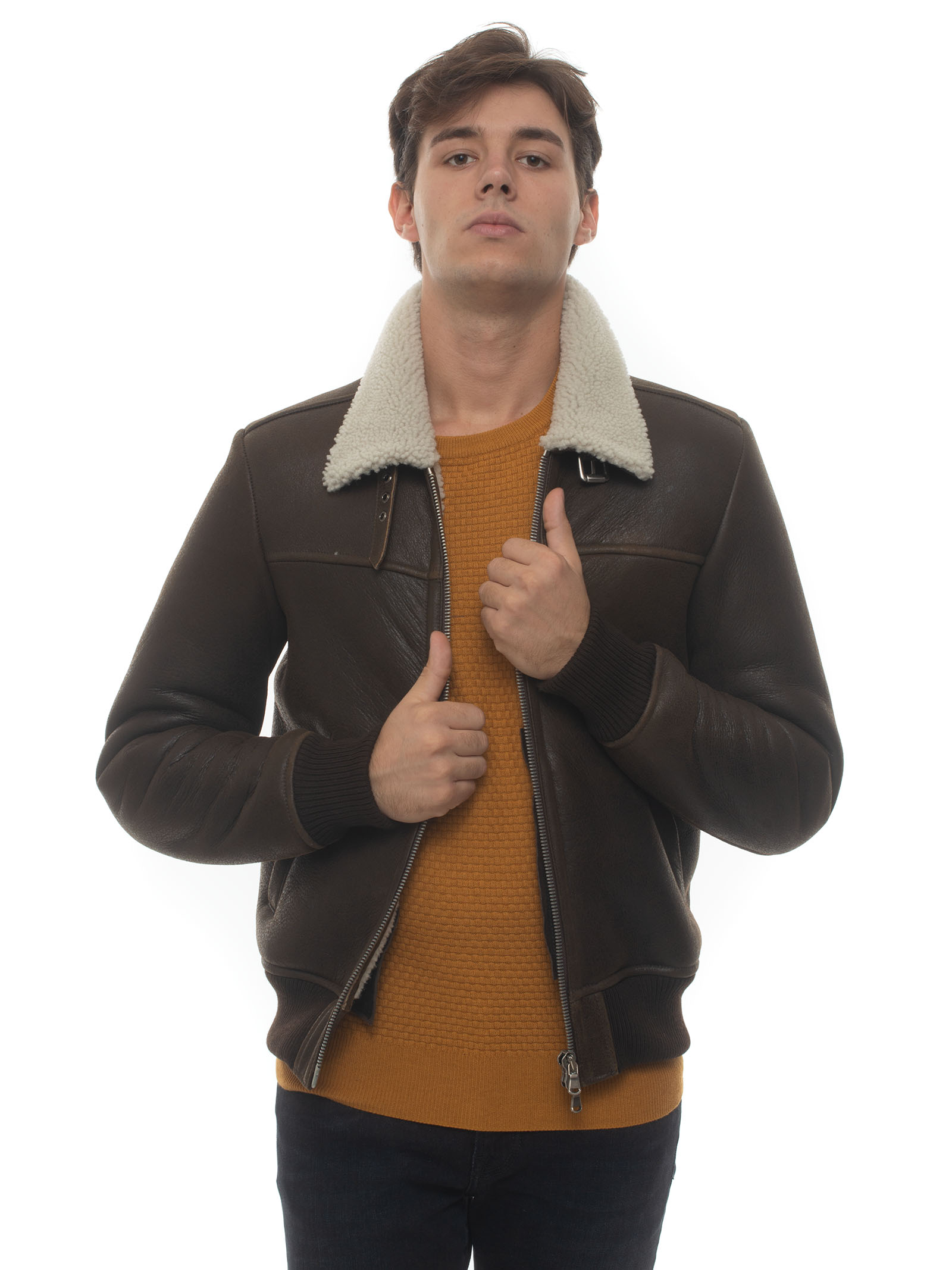 MINORONZONI 1953 Leather Harrington Jacket Brown Sheepskin Man