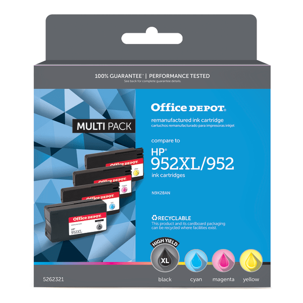Office Depot Remanufactured Black; Cyan; Magenta; Yellow High-Yield/Standard Yield Ink Cartridge Replacement for HP 952XL, 952, Pack of 4