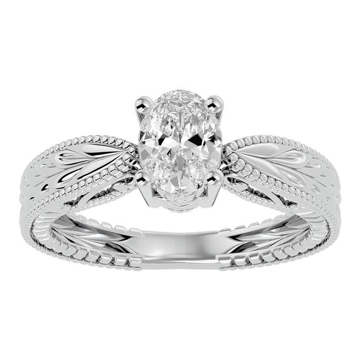 1 Carat Oval Shape Diamond Solitaire Engagement Ring W/ Tapered Etched Band in 14K White Gold (5.30 G) (I-J, I1-I2 Clarity Enhanced) by SuperJeweler