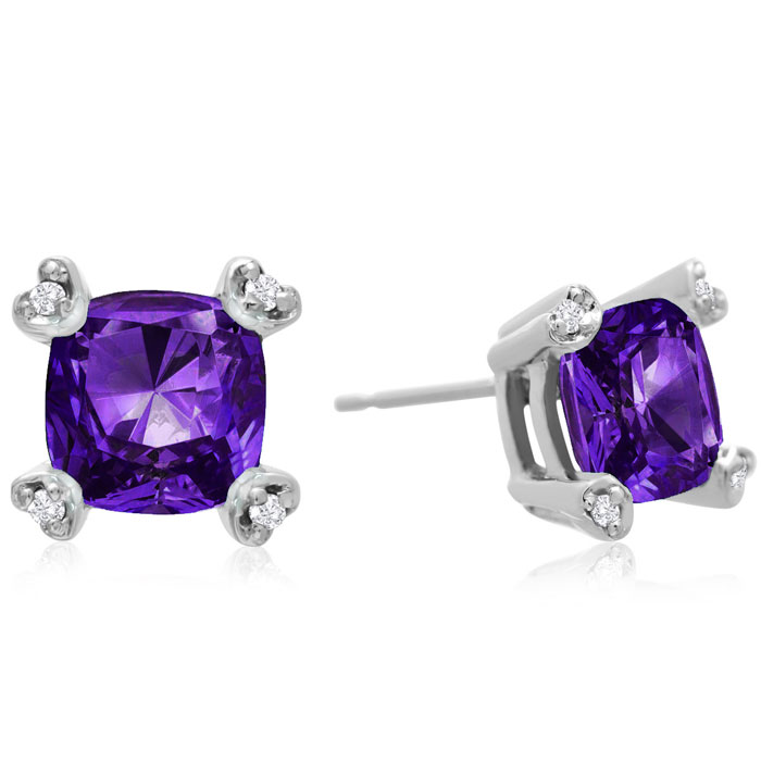2 Carat Cushion Cut Amethyst & Diamond Earrings in 10k White Gold (1.6 G), I/J by SuperJeweler