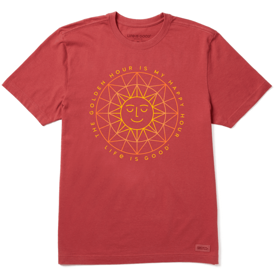 Life Is Good Men's Golden Hour Geo Sun Crusher Short Sleeve T-Shirt in Faded Red Size Small | 100% Cotton