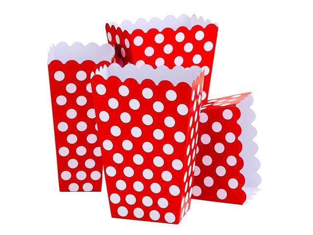 Kicko Ruby Red Popcorn Boxes with White Polka Dots - 16 Pack, 5.5 Inches, Cardboard Treat Bins - for Kids, Party Favors, Chocolates, Pretzels.