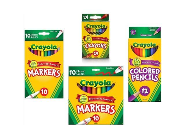 Crayola Crayons (24 Count), Crayola Colored Pencils in Assorted Colors (12 Count), Crayola (10ct) Classic Fine Line Markers, and Crayola (10ct).