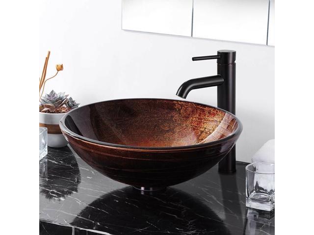 Round Bathroom Tempered Glass Vessel Sink Mount Ring 1 1/2' Pop up Drain Combo