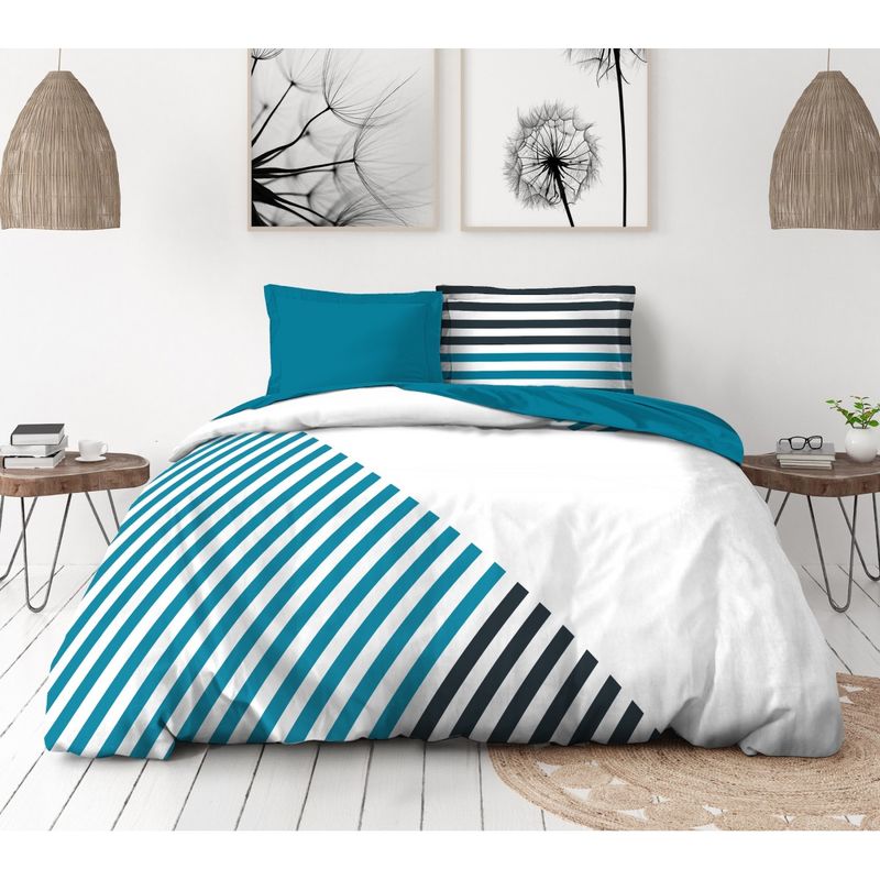 Housse De Couette 3 PièCES - 100% Coton 57 Fils - 2 Personnes 220x240 Cm - LA DIAGONALE Bleu Blanc - COUETTES ET CETERA