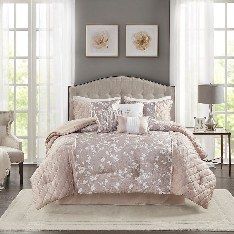 Marling Collection MP10-7287 California King Size 7 Piece Printed Velvet Comforter Set in Blush