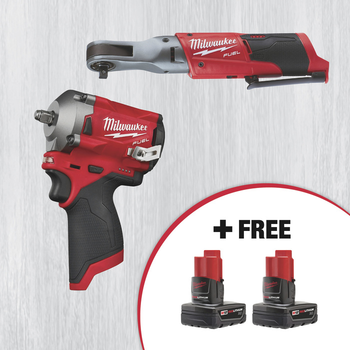 SPECIAL BUY! Milwaukee M12 FUEL 3/8Inch Stubby Impact Wrench Model 2554-20 and M12 FUEL 3/8Inch Ratchet Model # 2557-20 with Two FREE M12 REDLITHIUM