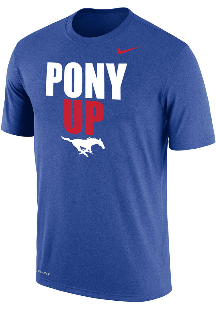 Nike SMU Mustangs Blue Dri-FIT Slogan Short Sleeve T Shirt, Blue, 65% COTTON / 35% POLYESTER, Size XL