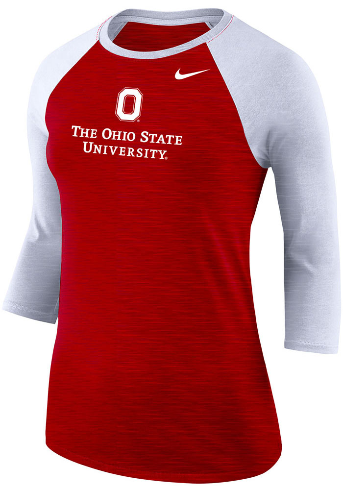 Nike Ohio State Buckeyes Womens Red Dri-FIT Cotton Slub Raglan LS Tee, Red, 65% COTTON / 35% POLYESTER, Size XL