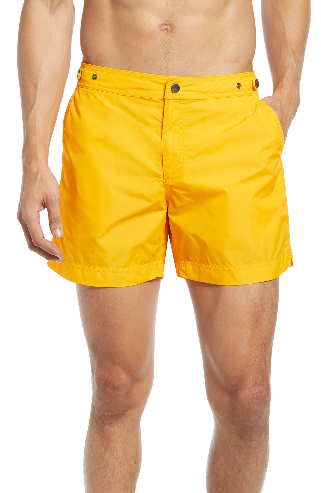 Men's Prince & Bond Golden Hour Solid Hybrid Nylon Swim Trunks, Size 28 - Yellow