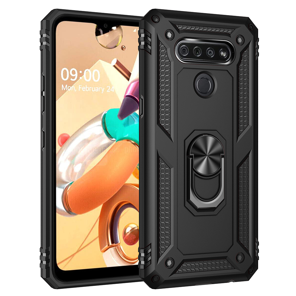 TCALGK51-0036-BK Rubberized Hybrid Protective Case with Shock Absorption & Built-in Rotatable Ring Stand for LG K51, Black