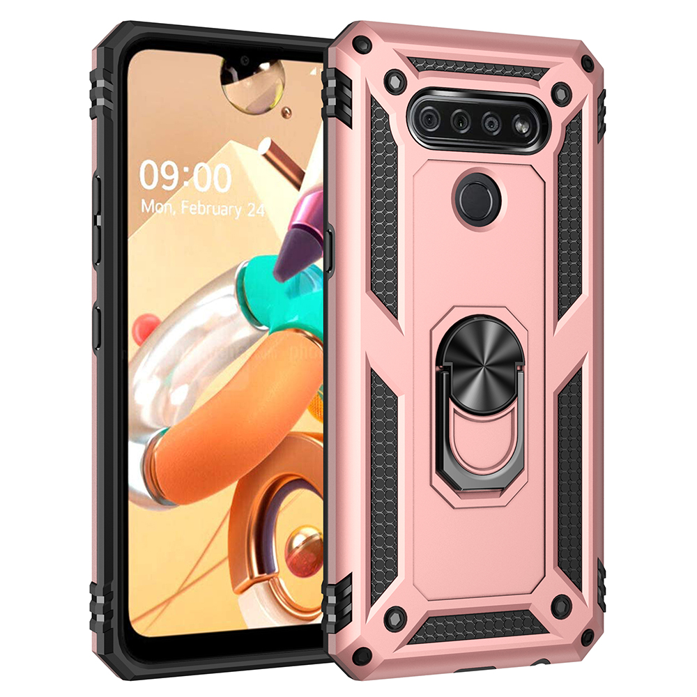 TCALGK51-0036-RG Rubberized Hybrid Protective Case with Shock Absorption & Built-in Rotatable Ring Stand for LG K51, Rose Gold