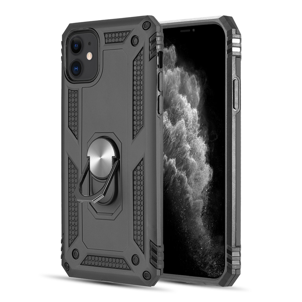 TCAIP1254-0036-BK 5.4 in. Rubberized Hybrid Protective Case with Shock Absorption & Built-in Rotatable Ring Stand for iPhone 12 Mini, Black