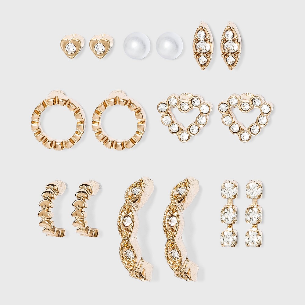 Photo 1 of Crystal Glass Pearl Stud and Small Hoop Earring Set 8pc - a New Day™ Gold: Nickel-Free Metal, Post Closure 