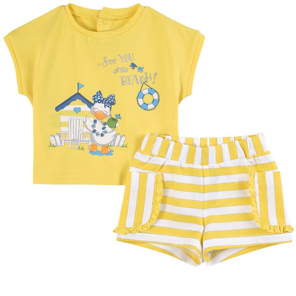 Mayoral Sale - Yellow Stripe Beach Print T-Shirt and Shorts Set - Girl - 12 Months - Yellow - Outfit Sets