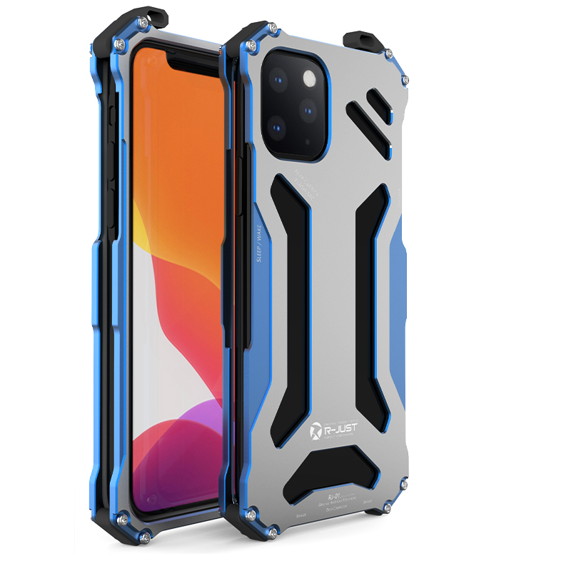 R-JUST RJ-01 Shockproof Hollow Design Metal Mobile Phone Case for iPhone 12 Mini - Blue