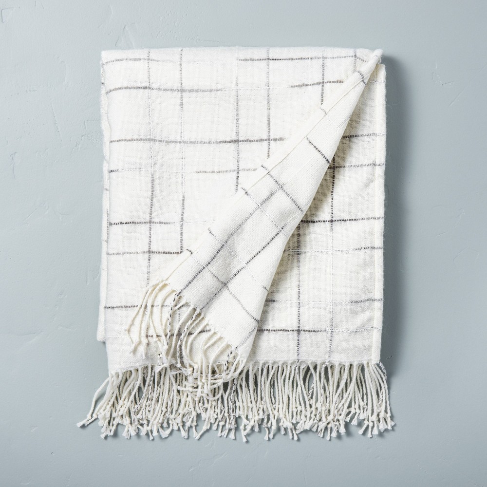Checkered Fringe Throw Blanket Gray/Sour Cream - Hearth & Hand™ with Magnolia