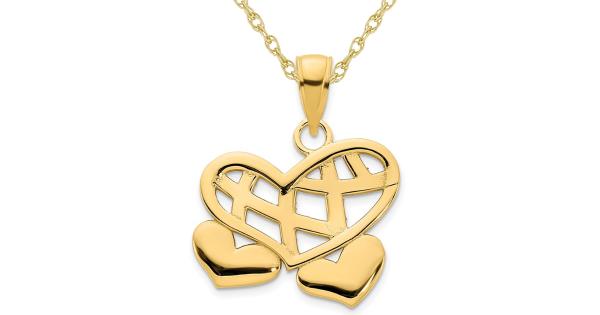 14K Yellow Gold Double Heart Weave Charm Pendant Necklace with Chain