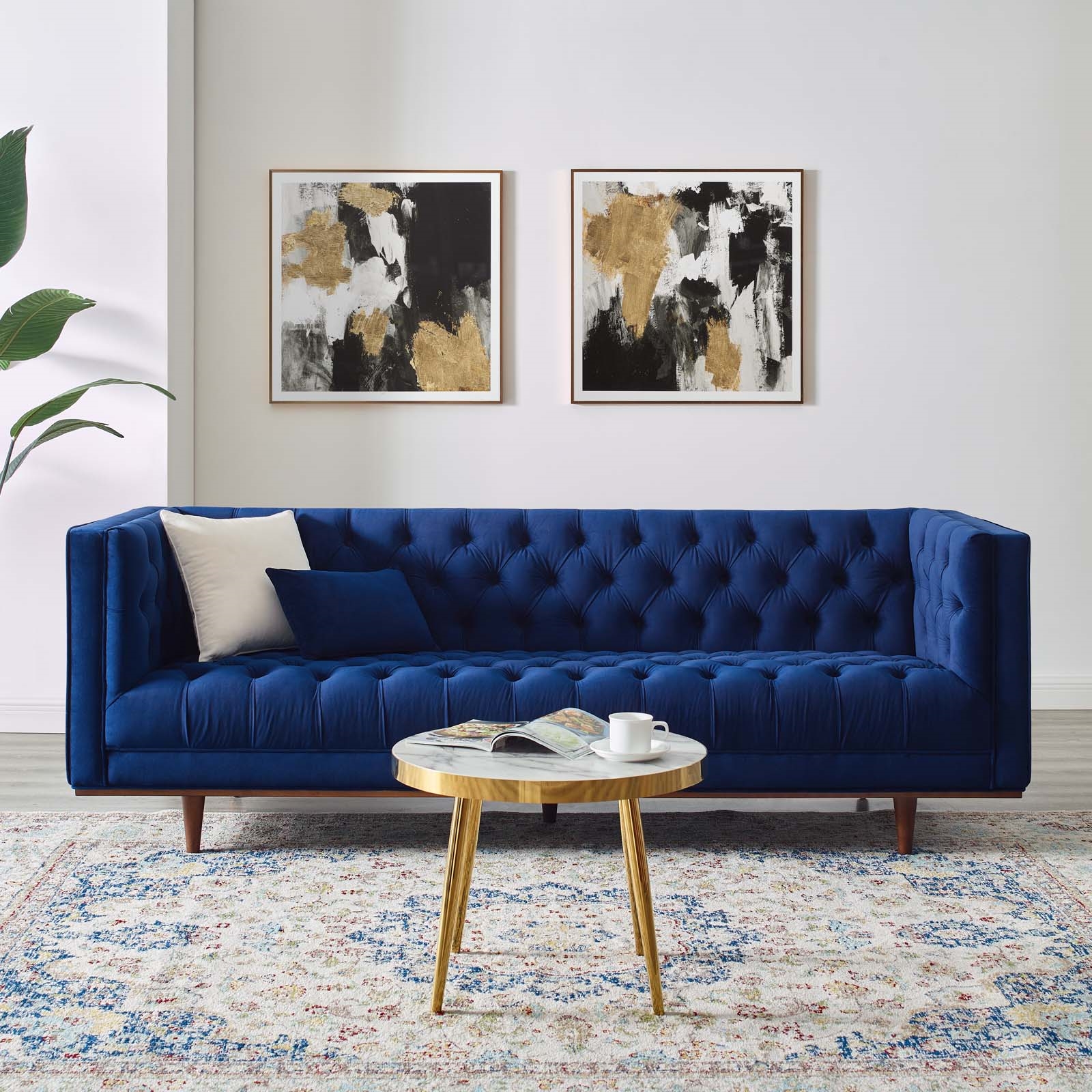 Elation Collection EEI-4722-NAV Tufted Performance Velvet Sofa in Navy