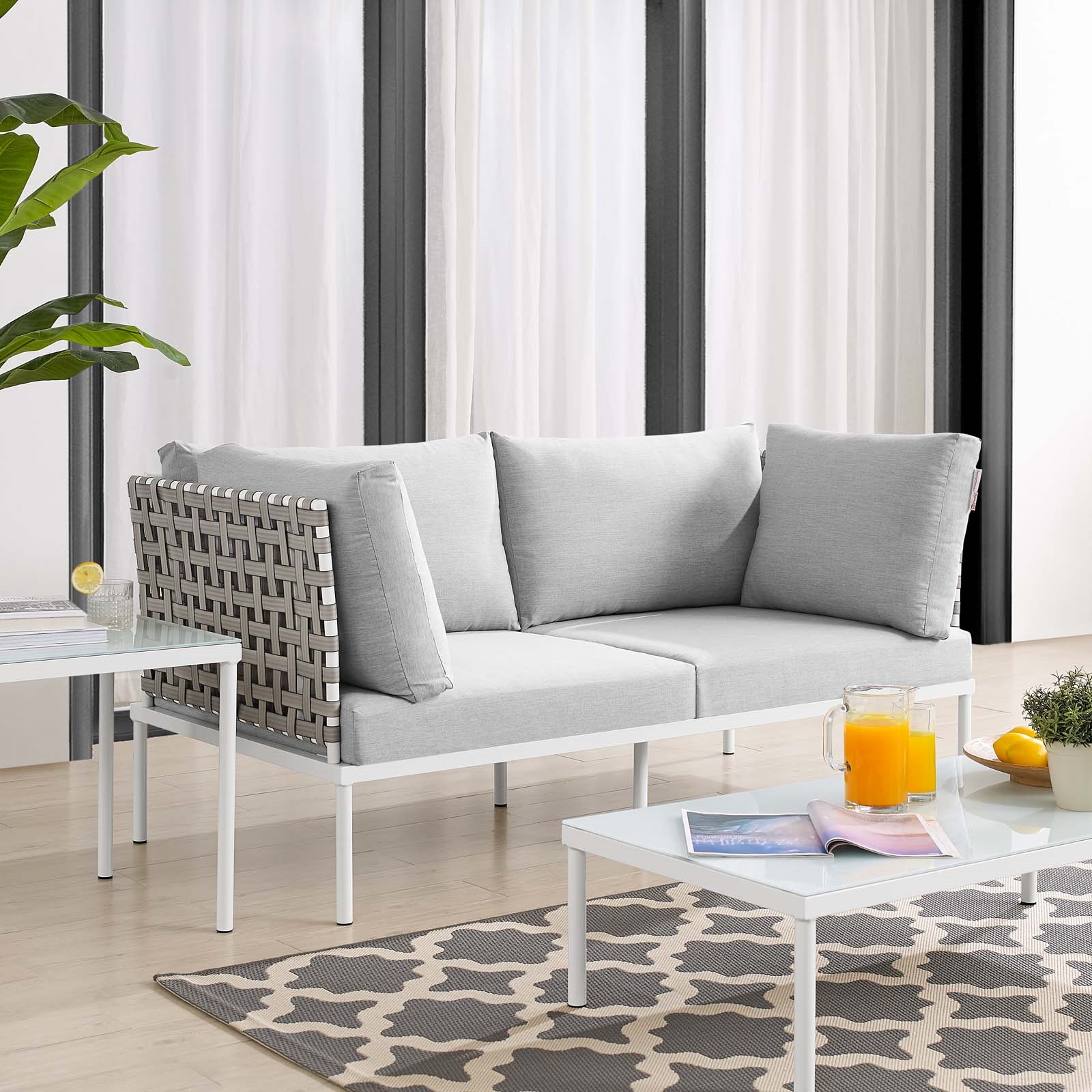 Harmony Sunbrella ® Basket Weave Outdoor Patio Aluminum Loveseat - East End Imports EEI-4962-TAN-GRY