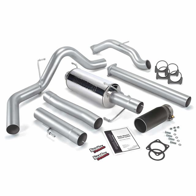 Monster Exhaust System Single Exit Black Round Tip 03-04 Dodge 5.9L CCLB Catalytic Converter Banks Power 48642-B
