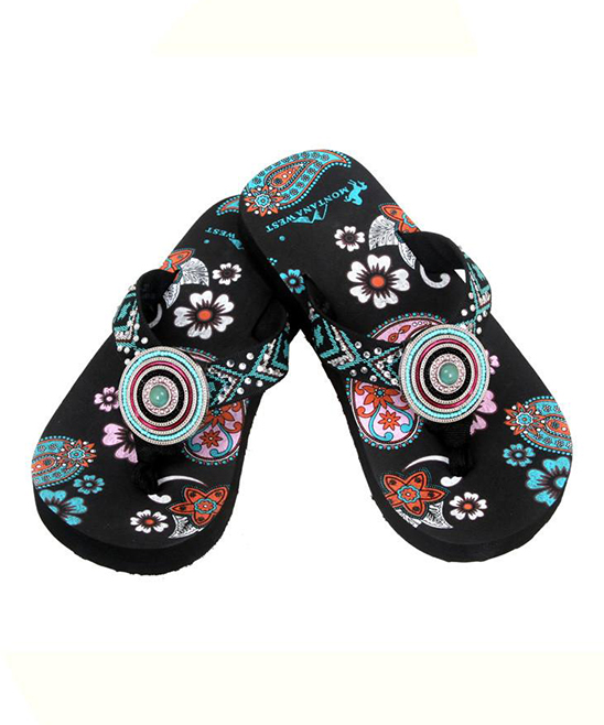 Montana West Women's Flip-Flops BLACK - Black Floral Beaded-Concho Flip Flops - Girls