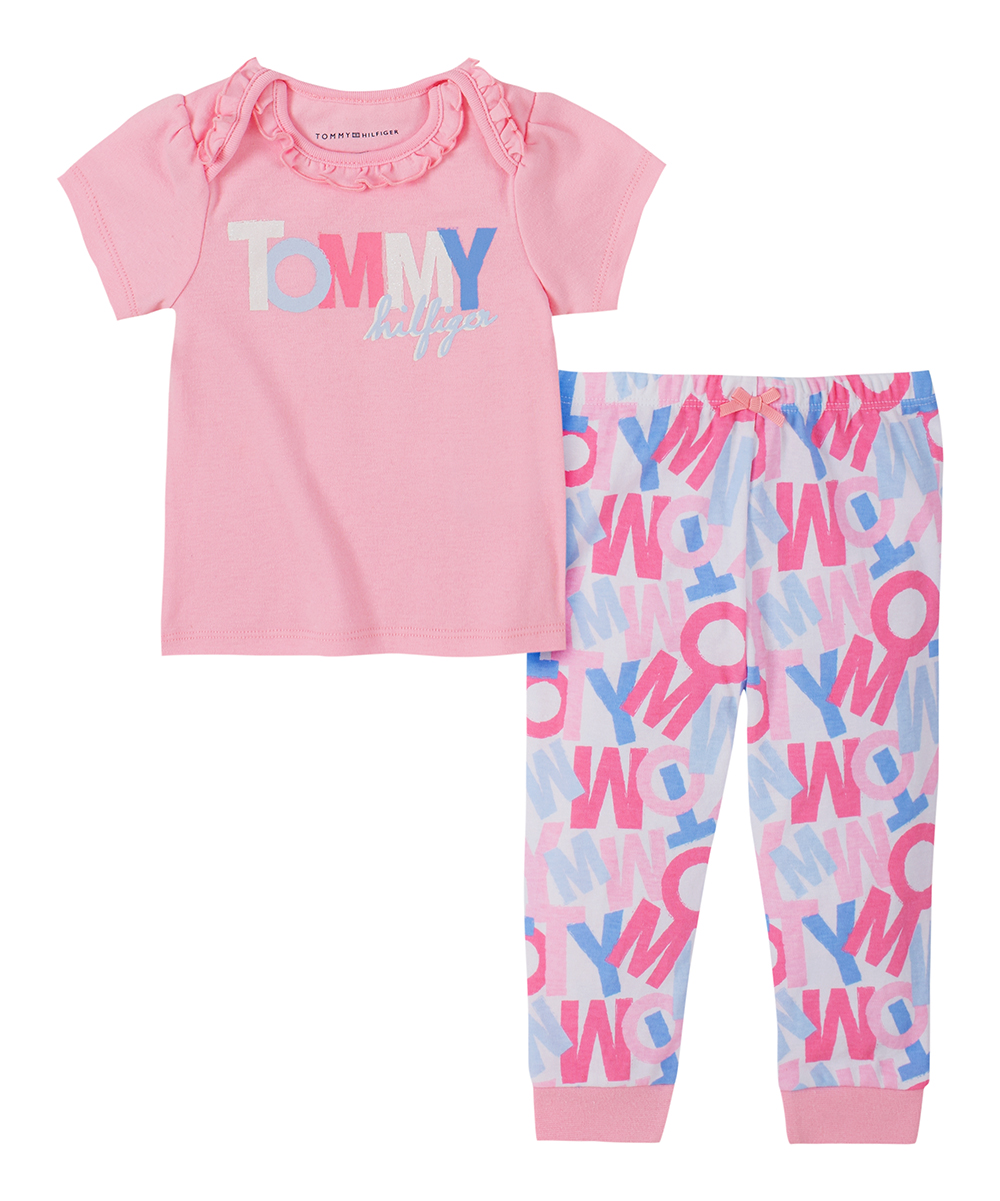 Tommy Hilfiger Girls' Leggings 0049 - Pink Ruffle Top & White Collage Sweatpants - Infant