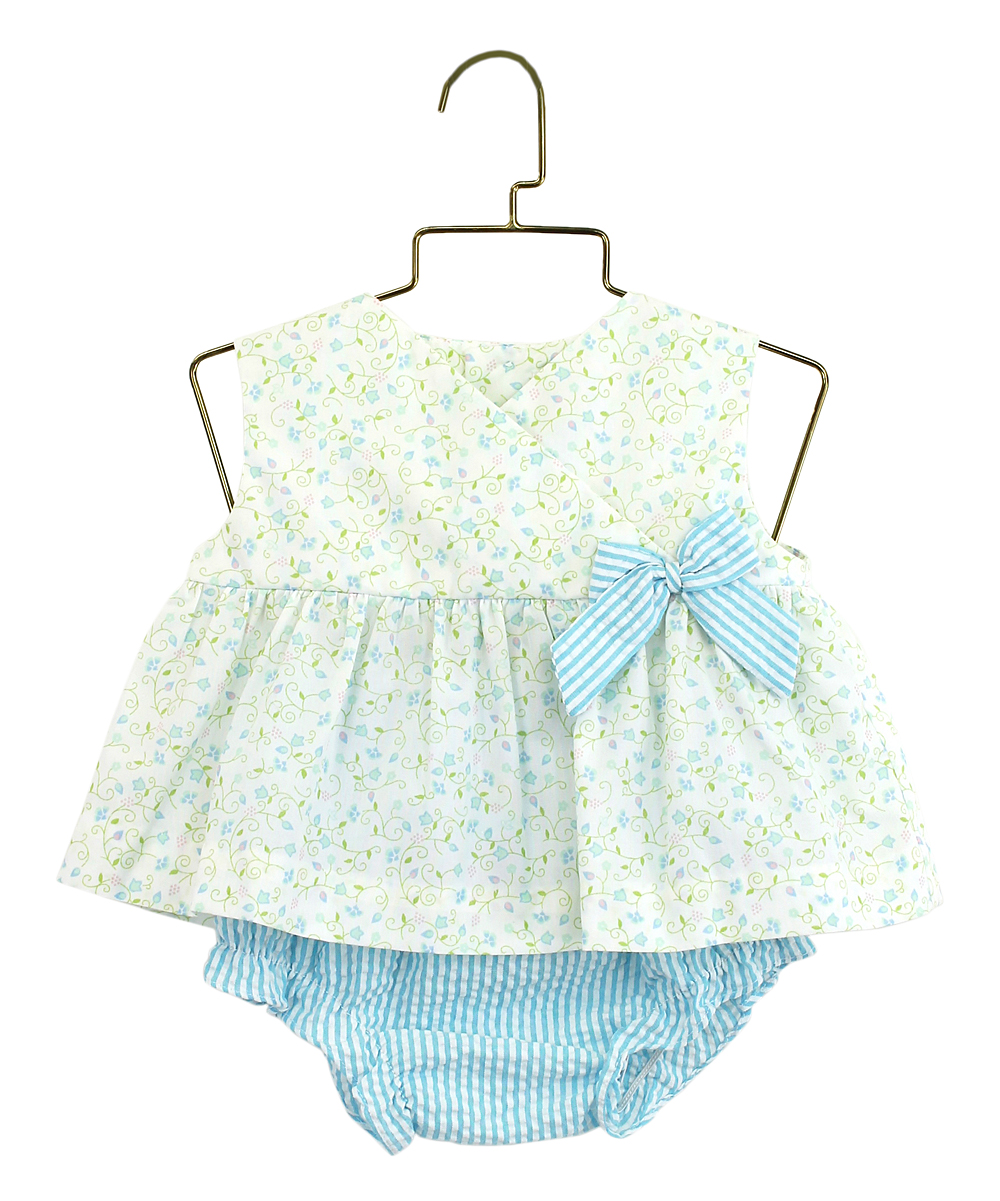 Petit Ami  Casual Dresses TURQUOISE - White Floral Sleeveless Top & Turquoise Pinstripe Bloomers - Infant