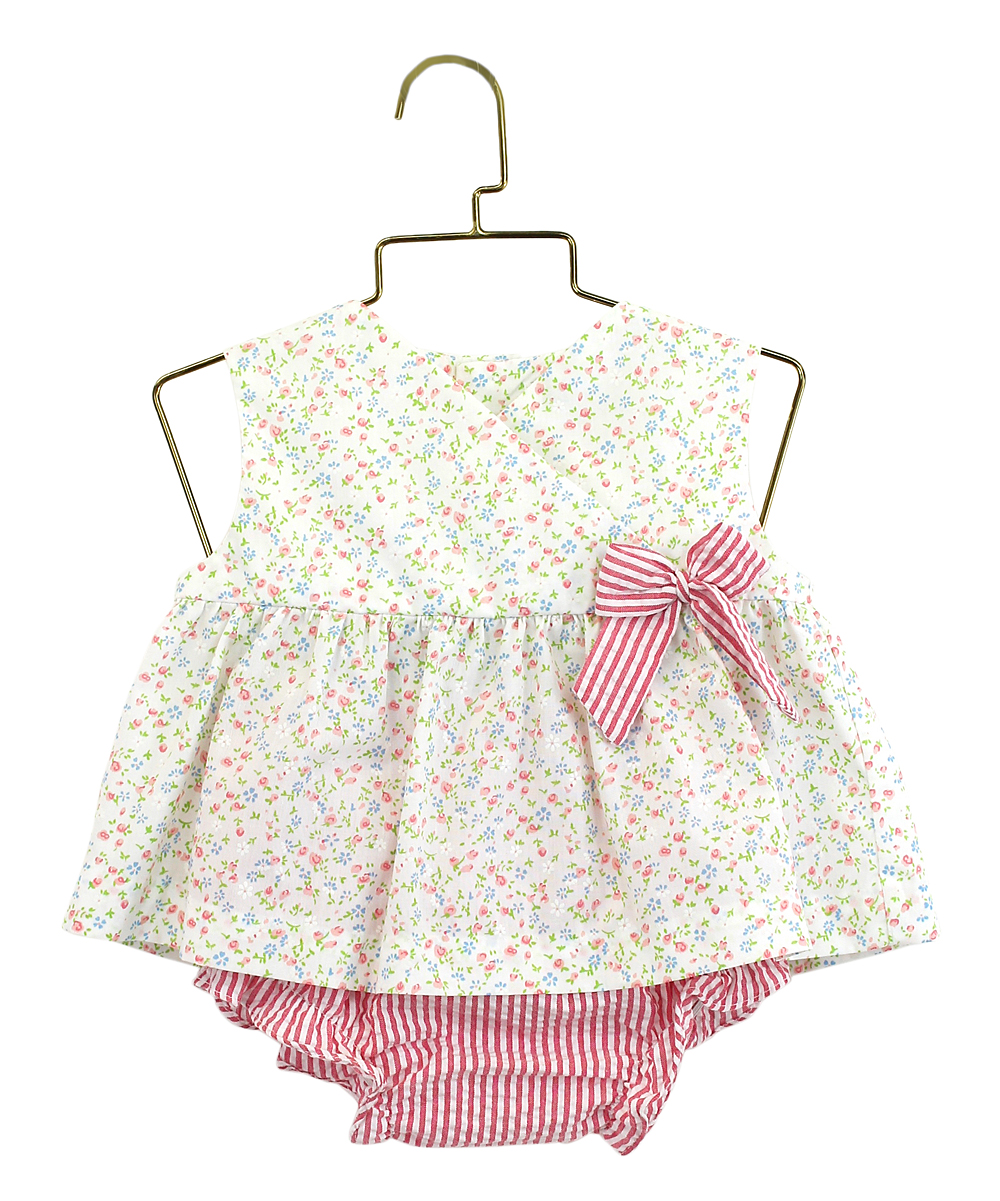 White Floral Sleeveless Top & Magenta Pinstripe Bloomers - Infant
