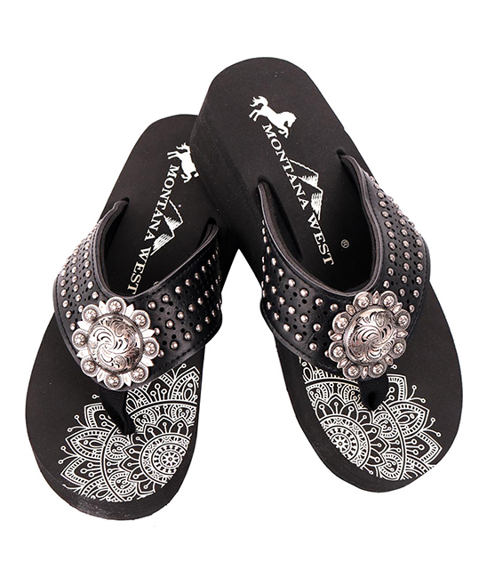 Montana West Women's Flip-Flops BLACK - Black Mandala Studded Wedge Flip-Flop - Women