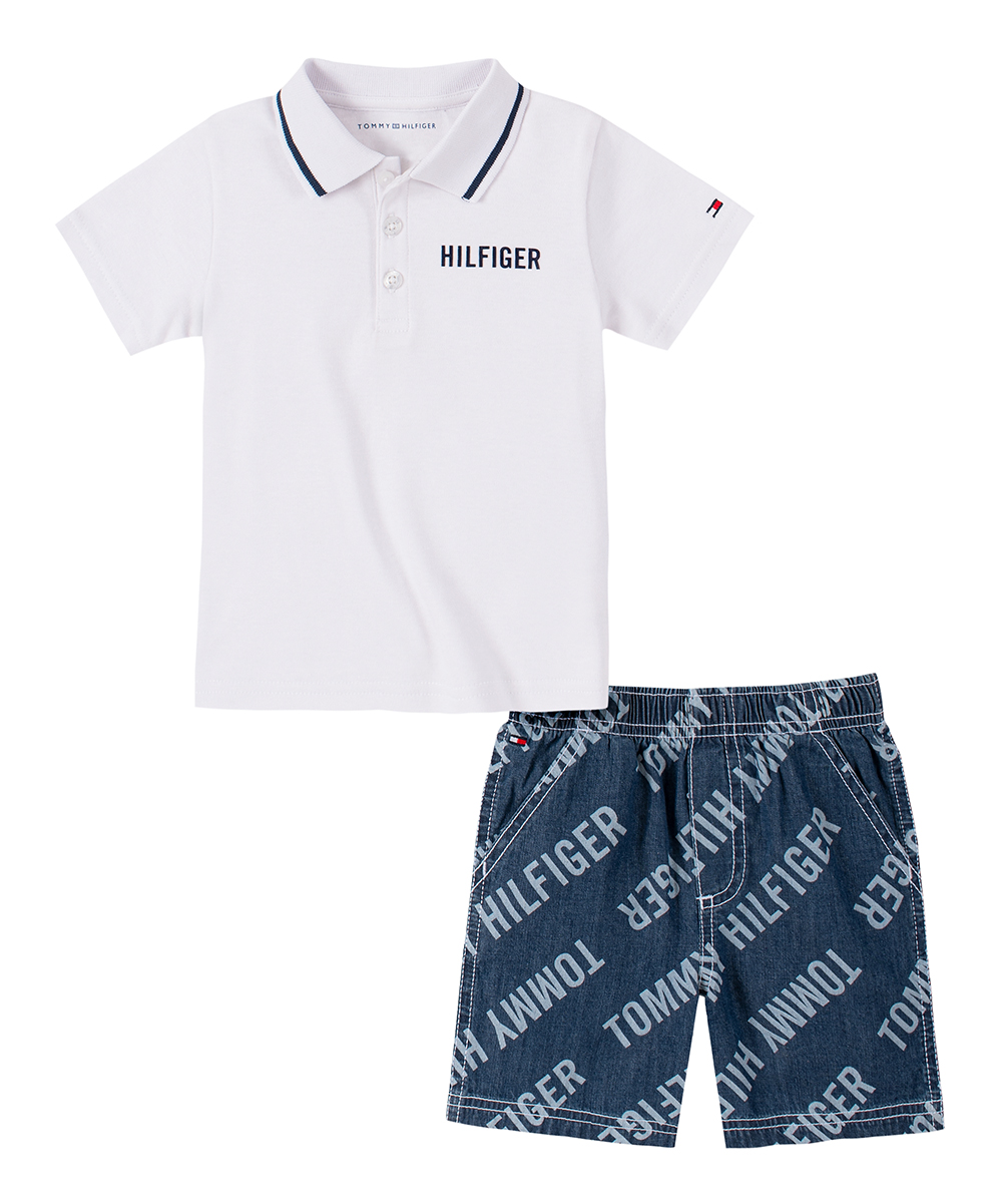 Tommy Hilfiger Boys' Casual Shorts 0036 - White & Blue Logo Polo & Navy Logo Shorts - Infant