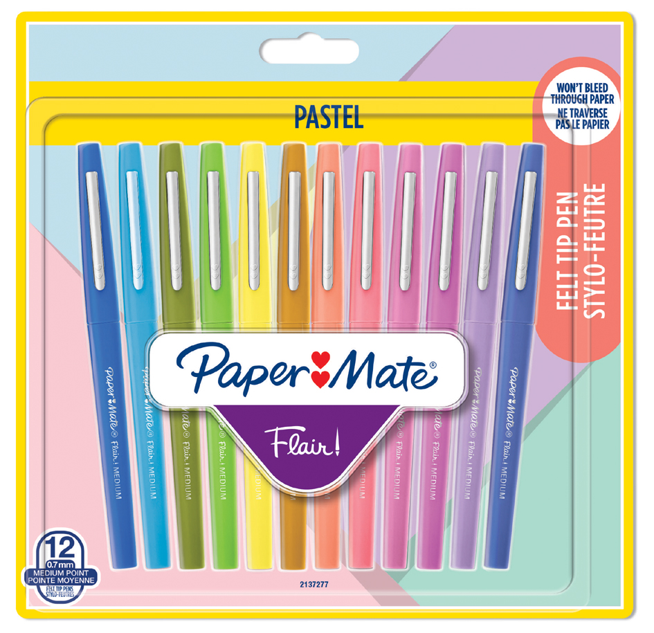 Papermate Paper Mate Flair 0.7mm Felt Tip Pastel Colours Pens Assorted Colours, Pack of 12