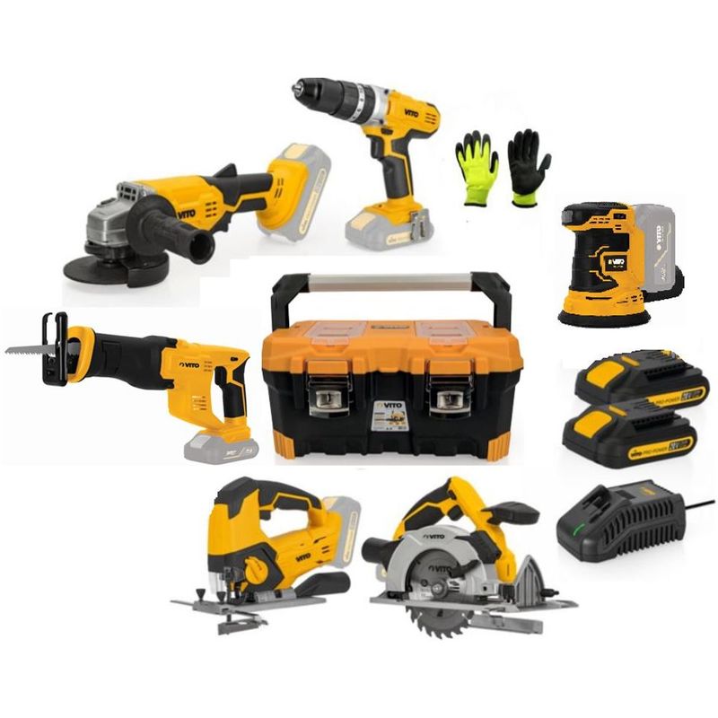 Vito Pro-power - PACK 8 Outils Sans Fil 20V VITOPOWER + 2 Batteries 2AH Lithium-ion + Chargeur Rapide + Caisse à Outils + Gants VITO